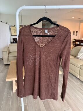 Kavio Women’s Brown Burnout V-Neck Long-Sleeve Top Size Medium